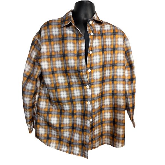 Orange Black‎ Plaid Button-Up Long Sleeve Polyester/Spandex Top Size Medium - Picture 1 of 5